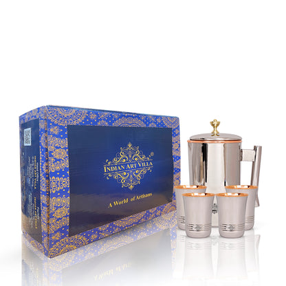Steel Copper Drinkware Gift Set of Mirror Line Design 1 Jug & Glasses With Black Gift Box, Jug-1500 ml & Glass-300 ml