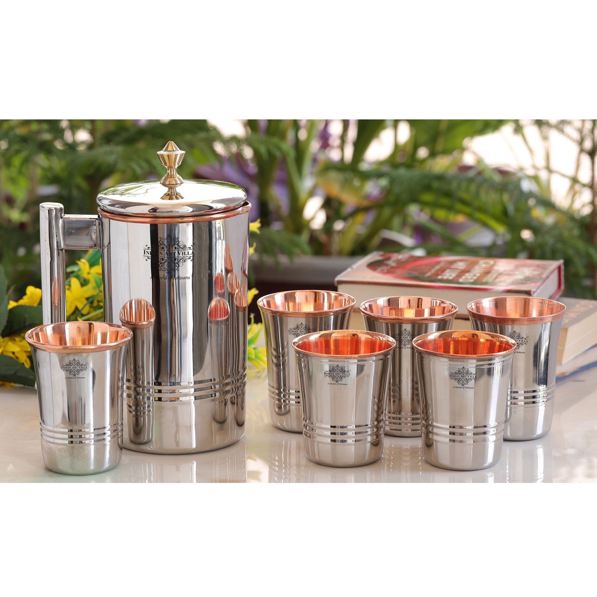 Steel Copper Drinkware Gift Set of Mirror Line Design 1 Jug & Glasses With Black Gift Box, Jug-1500 ml & Glass-300 ml