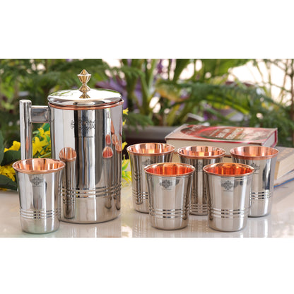 Steel Copper Drinkware Gift Set of Mirror Line Design 1 Jug & Glasses With Black Gift Box, Jug-1500 ml & Glass-300 ml