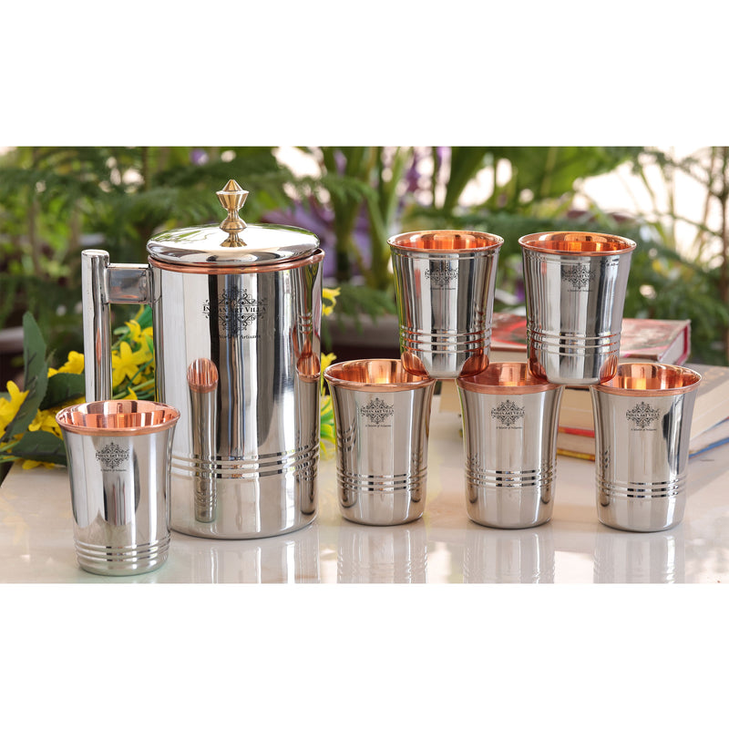 Steel Copper Drinkware Gift Set of Mirror Line Design 1 Jug & Glasses With Black Gift Box, Jug-1500 ml & Glass-300 ml
