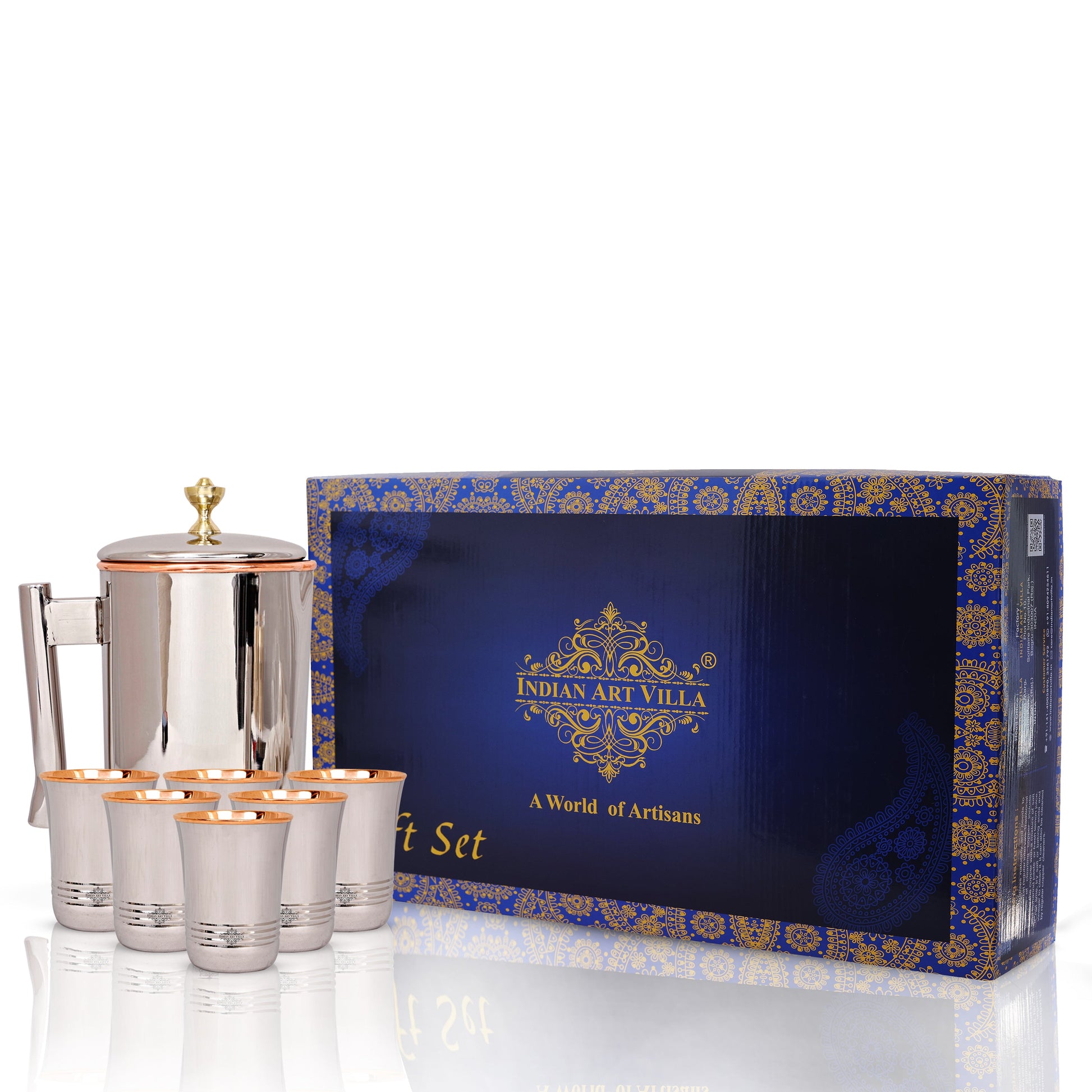 Steel Copper Drinkware Gift Set of Mirror Line Design 1 Jug & Glasses With Black Gift Box, Jug-1500 ml & Glass-300 ml
