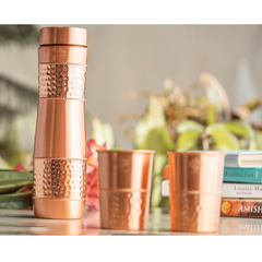 Indian Art Villa, Copper Drinkware Gift Set of 2 Glass and 1 Bottle With Half Lacquer Half Hammer Design, 275 ML  Glass and 1000 ml Bottle