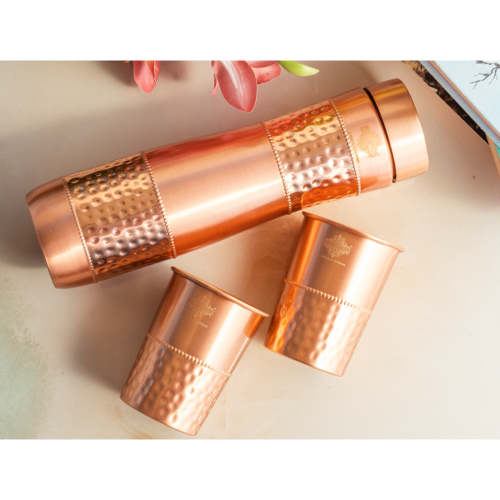 Indian Art Villa, Copper Drinkware Gift Set of 2 Glass and 1 Bottle With Half Lacquer Half Hammer Design, 275 ML  Glass and 1000 ml Bottle