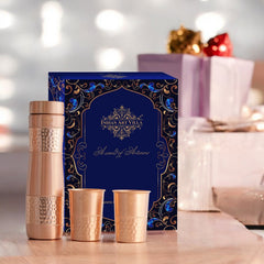 Indian Art Villa, Copper Drinkware Gift Set of 2 Glass and 1 Bottle With Half Lacquer Half Hammer Design, 275 ML  Glass and 1000 ml Bottle