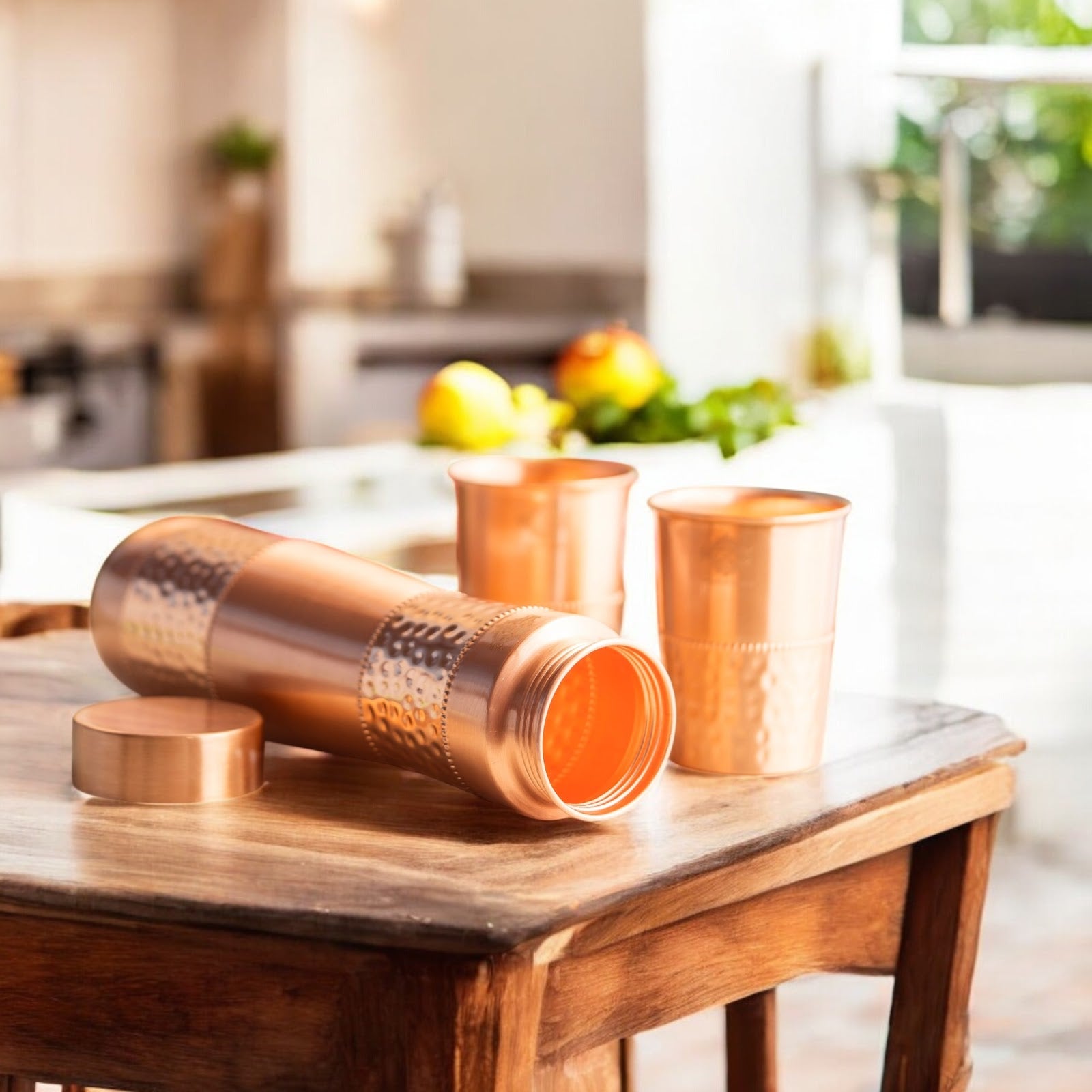 Indian Art Villa, Copper Drinkware Gift Set of 2 Glass and 1 Bottle With Half Lacquer Half Hammer Design, 275 ML  Glass and 1000 ml Bottle