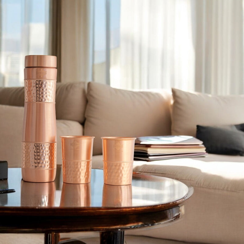 Indian Art Villa, Copper Drinkware Gift Set of 2 Glass and 1 Bottle With Half Lacquer Half Hammer Design, 275 ML  Glass and 1000 ml Bottle