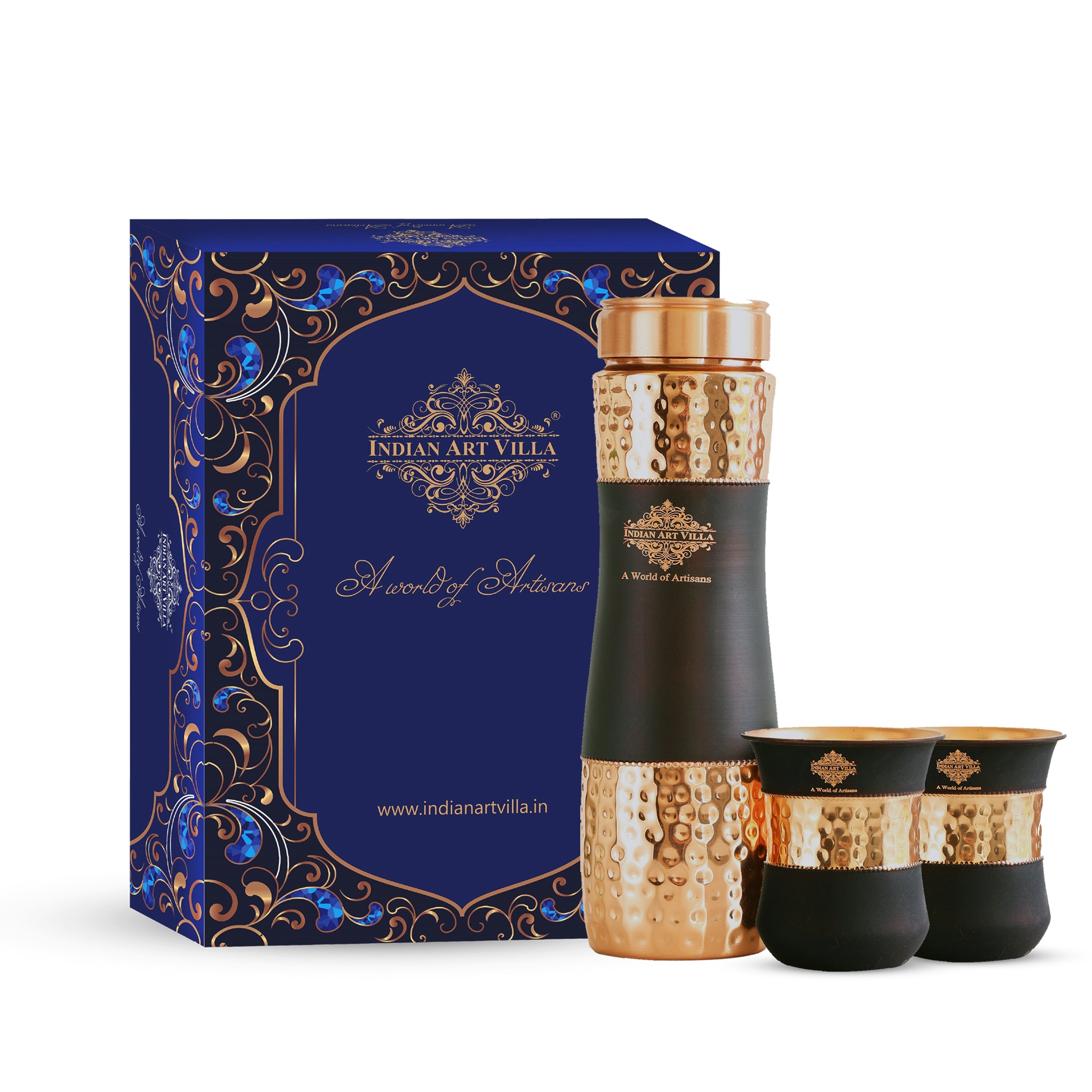 Copper Drinkware Gift Set of 2 Glass and 1 Bottle With Silk Finish Color