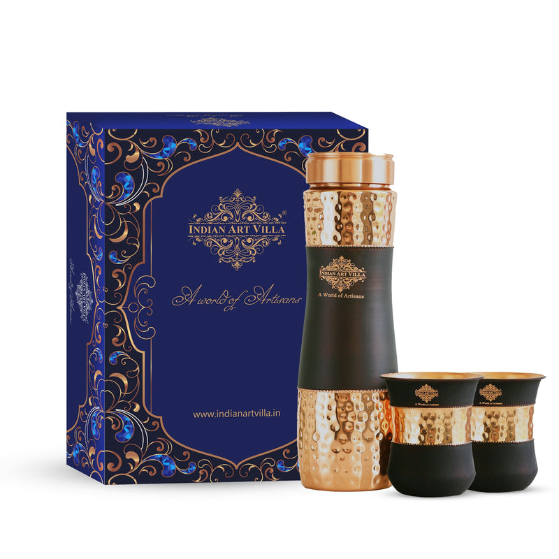 Copper Drinkware Gift Set of 2 Glass and 1 Bottle With Silk Finish Color