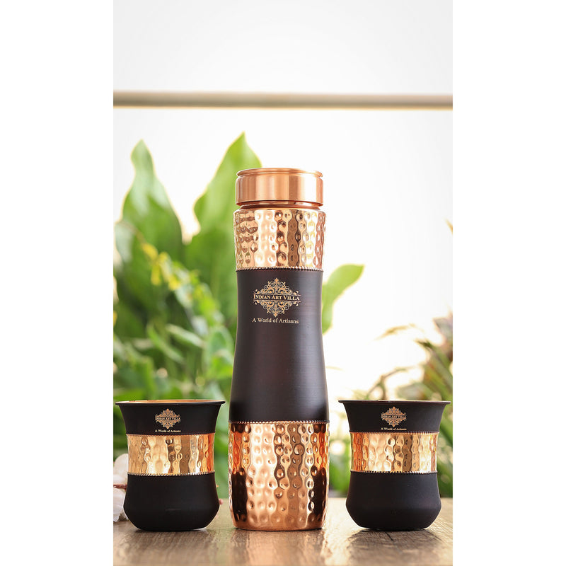 Copper Drinkware Gift Set of 2 Glass and 1 Bottle With Silk Finish Color