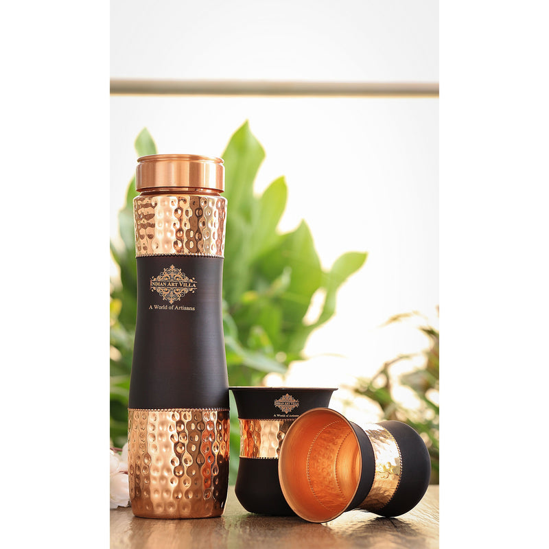Copper Drinkware Gift Set of 2 Glass and 1 Bottle With Silk Finish Color