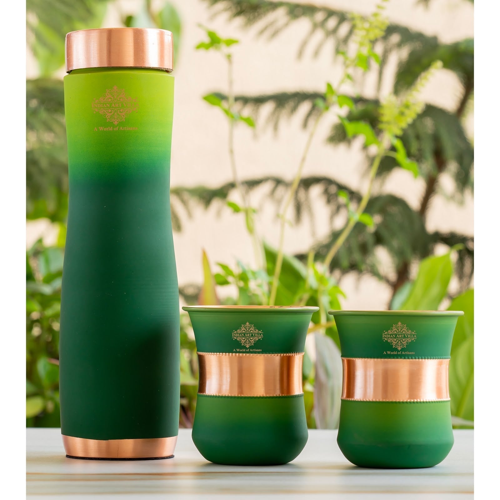 Matt Ombre Copper Bottle and Glass Set with Royal Look  Bottle-900 Ml, Glass-275Ml