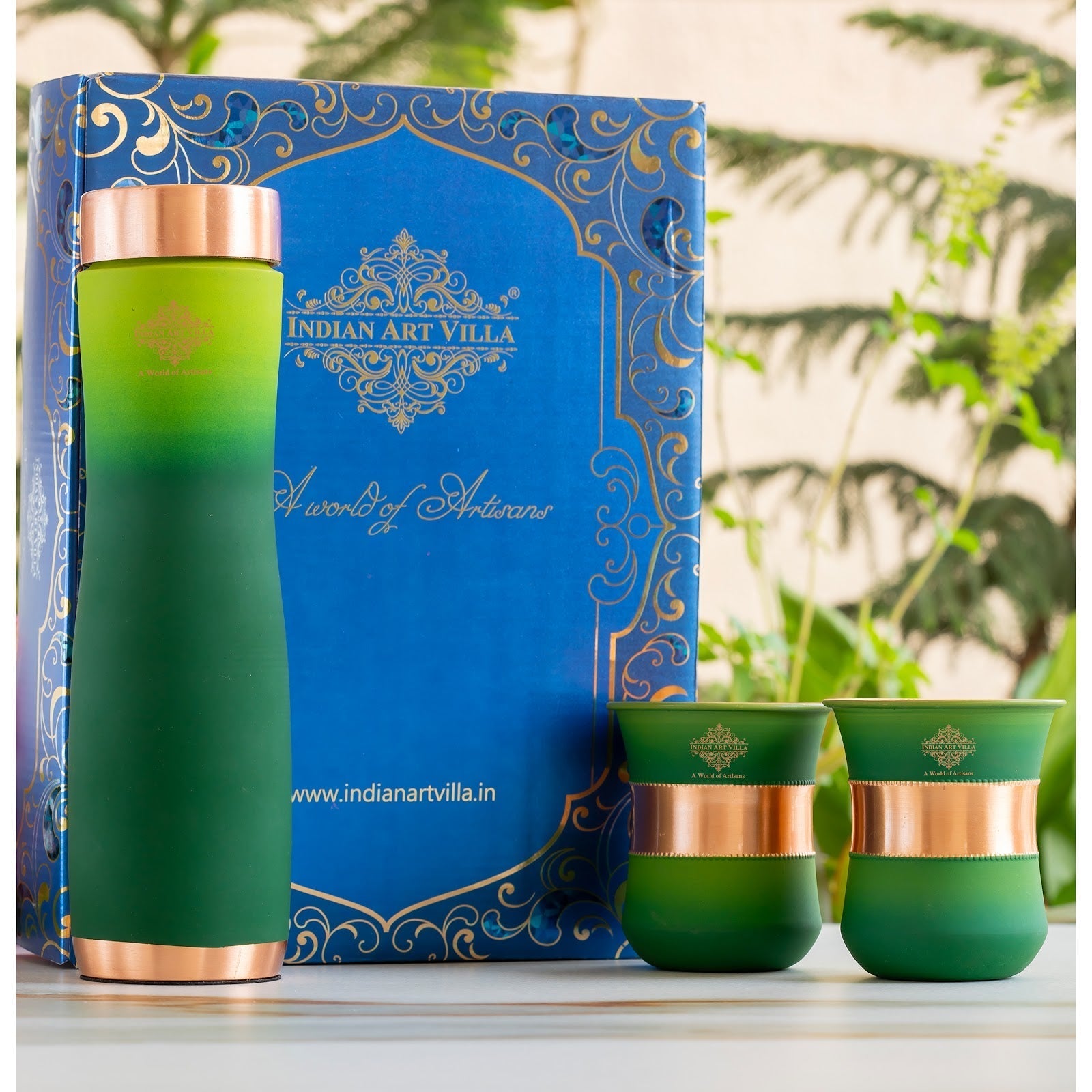 Matt Ombre Copper Bottle and Glass Set with Royal Look  Bottle-900 Ml, Glass-275Ml