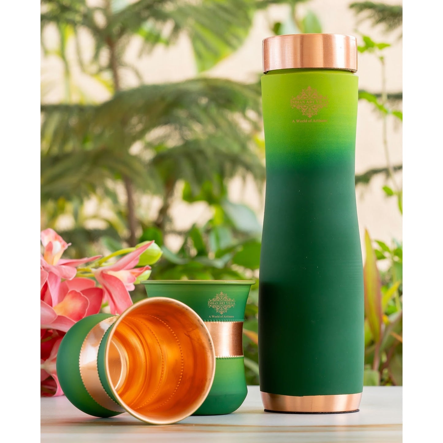 Matt Ombre Copper Bottle and Glass Set with Royal Look  Bottle-900 Ml, Glass-275Ml