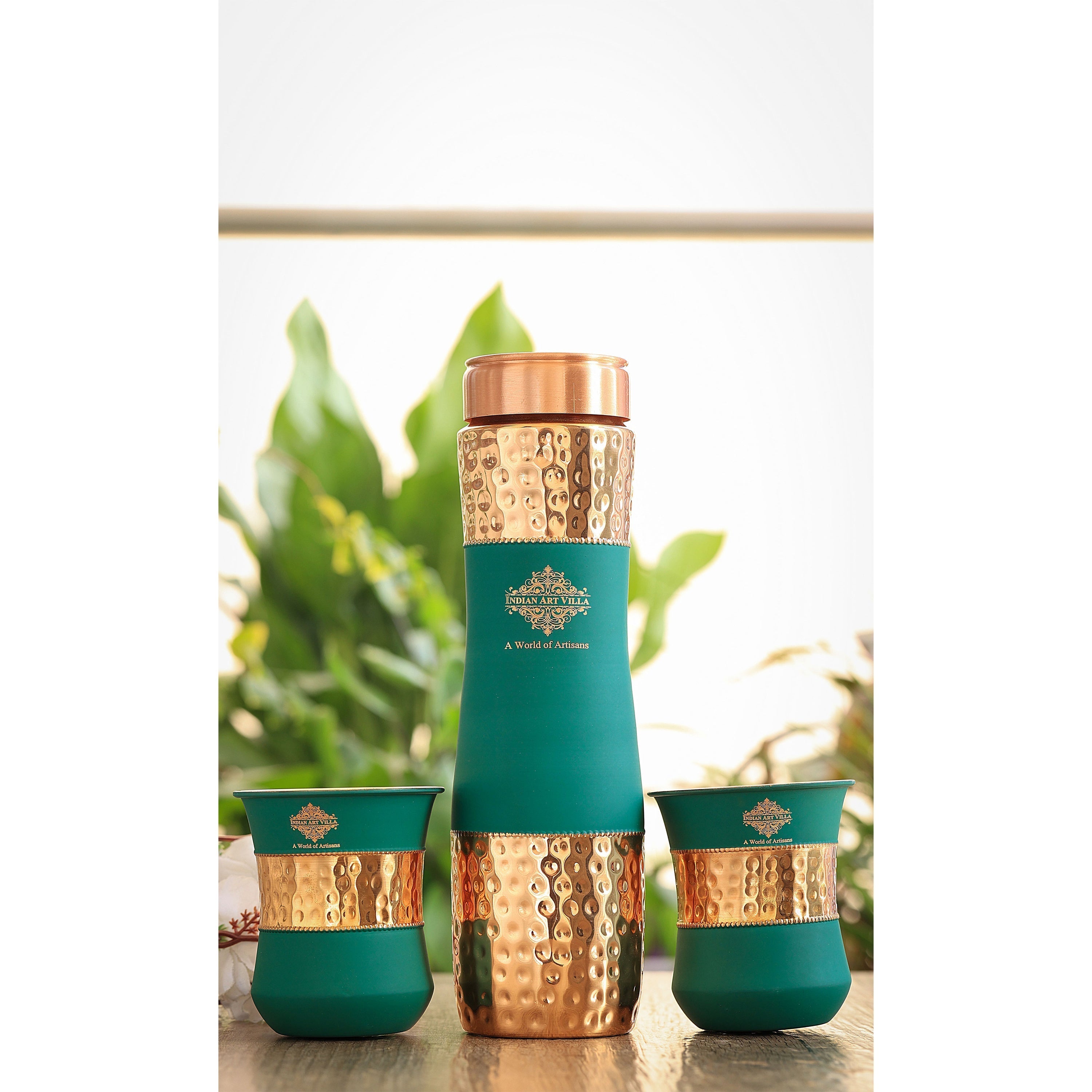 Copper Drinkware Gift Set of 2 Glass and 1 Bottle With Silk Finish Color