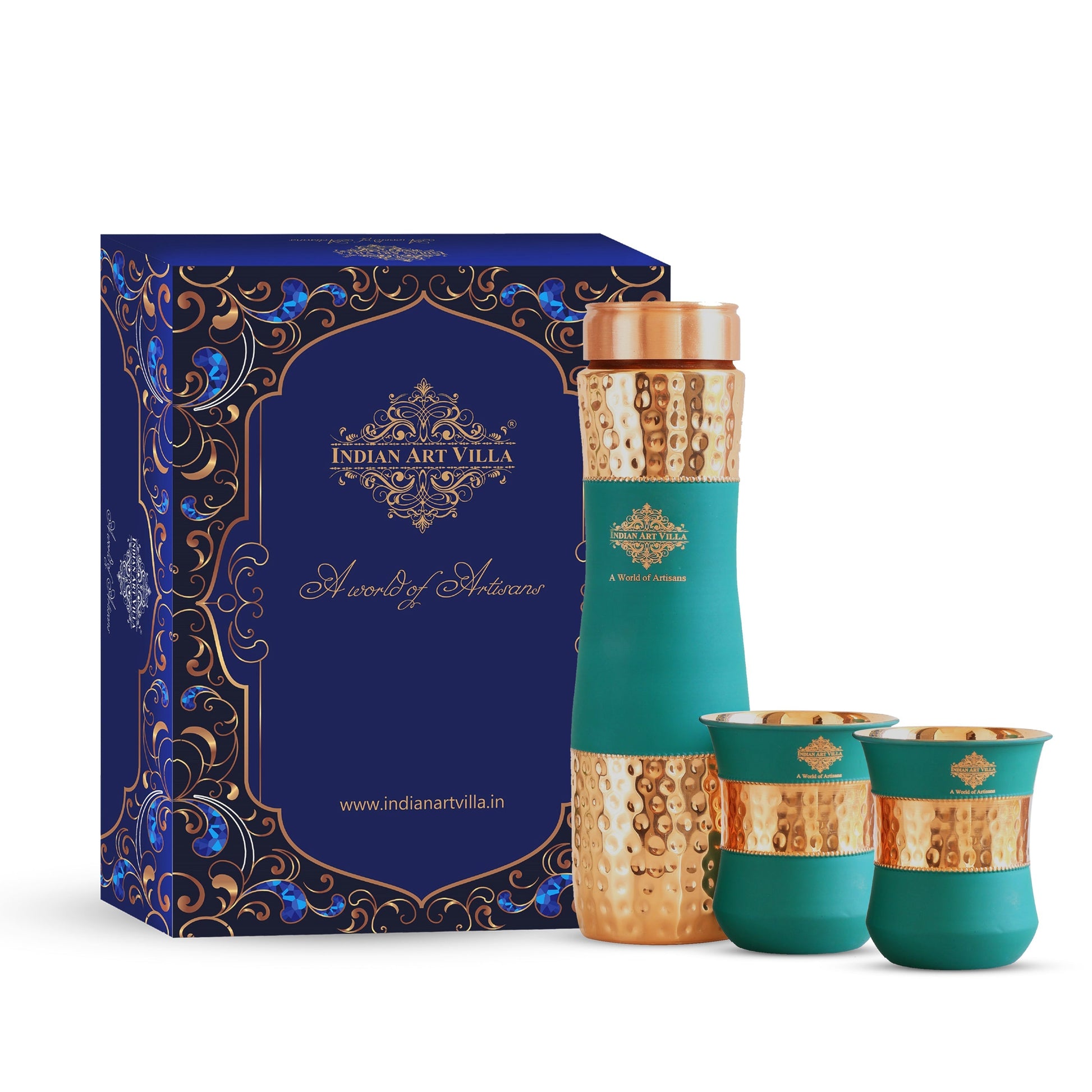 Copper Drinkware Gift Set of 2 Glass and 1 Bottle With Silk Finish Color