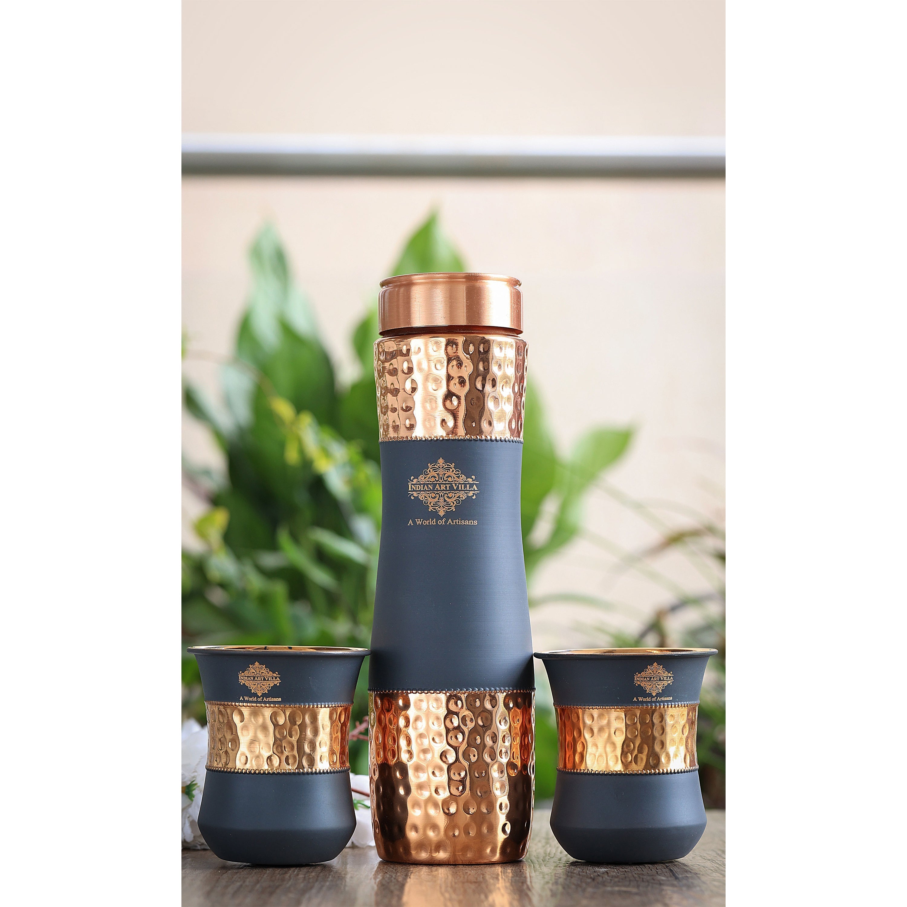 Copper Drinkware Gift Set of 2 Glass and 1 Bottle With Silk Finish Color