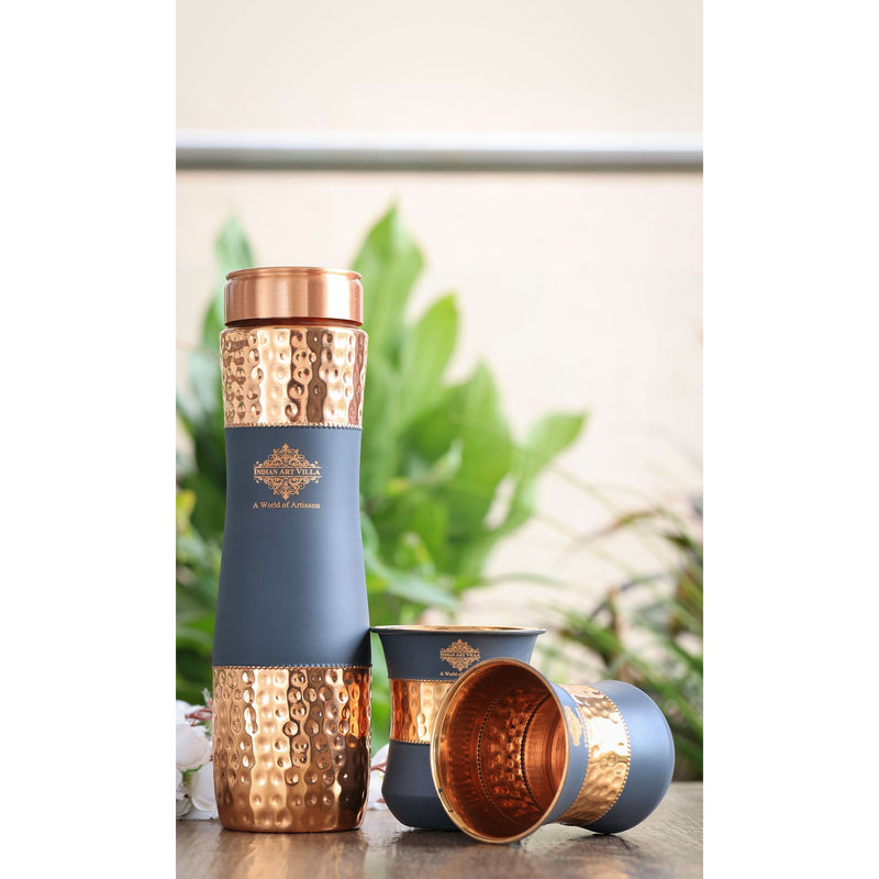 Copper Drinkware Gift Set of 2 Glass and 1 Bottle With Silk Finish Color