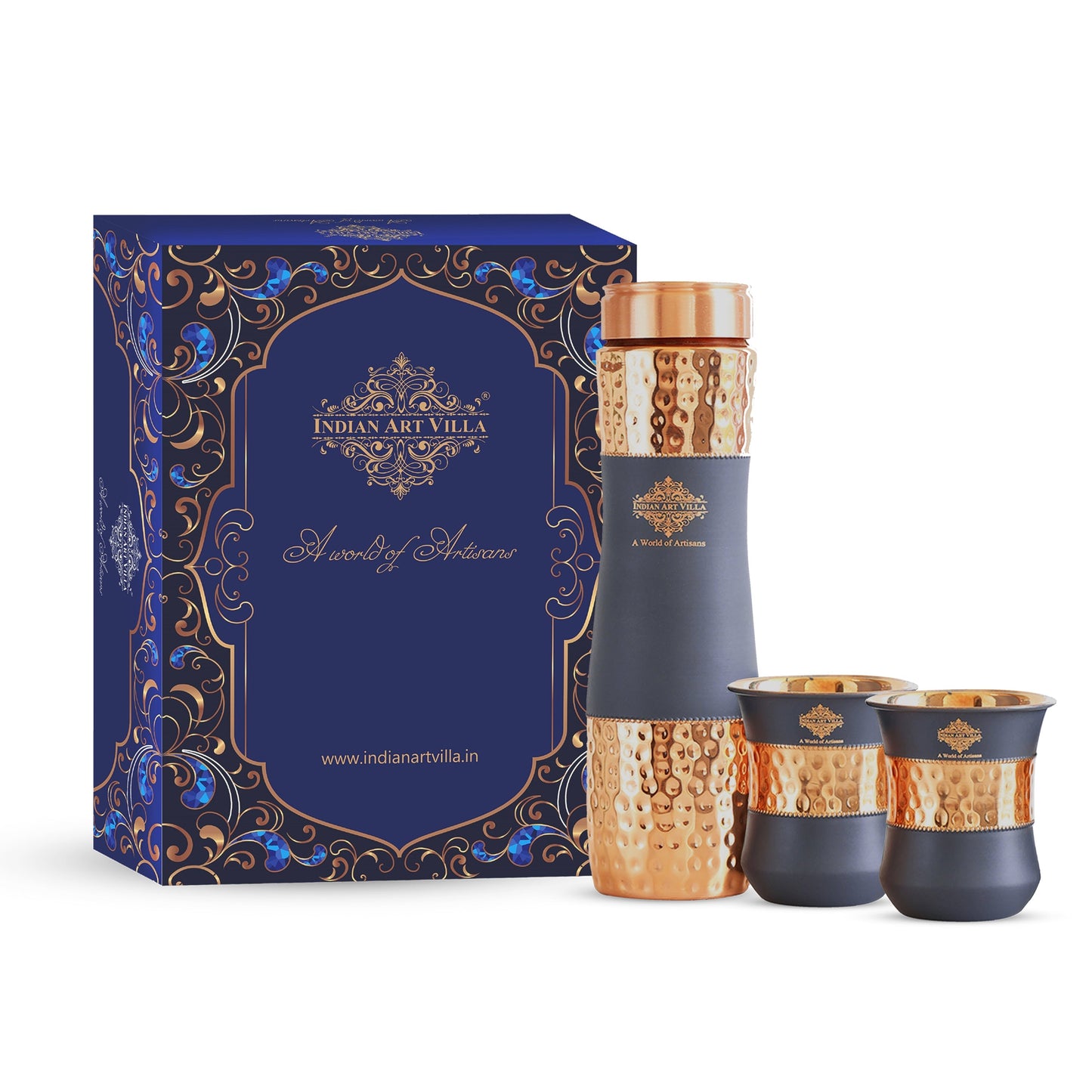 Copper Drinkware Gift Set of 2 Glass and 1 Bottle With Silk Finish Color