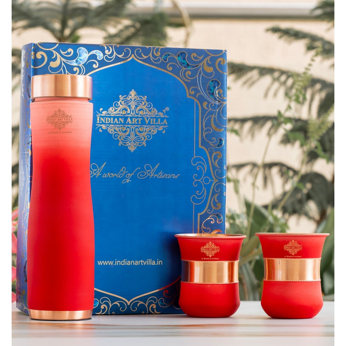 Matt Ombre Copper Bottle and Glass Set with Royal Look  Bottle-900 Ml, Glass-275Ml