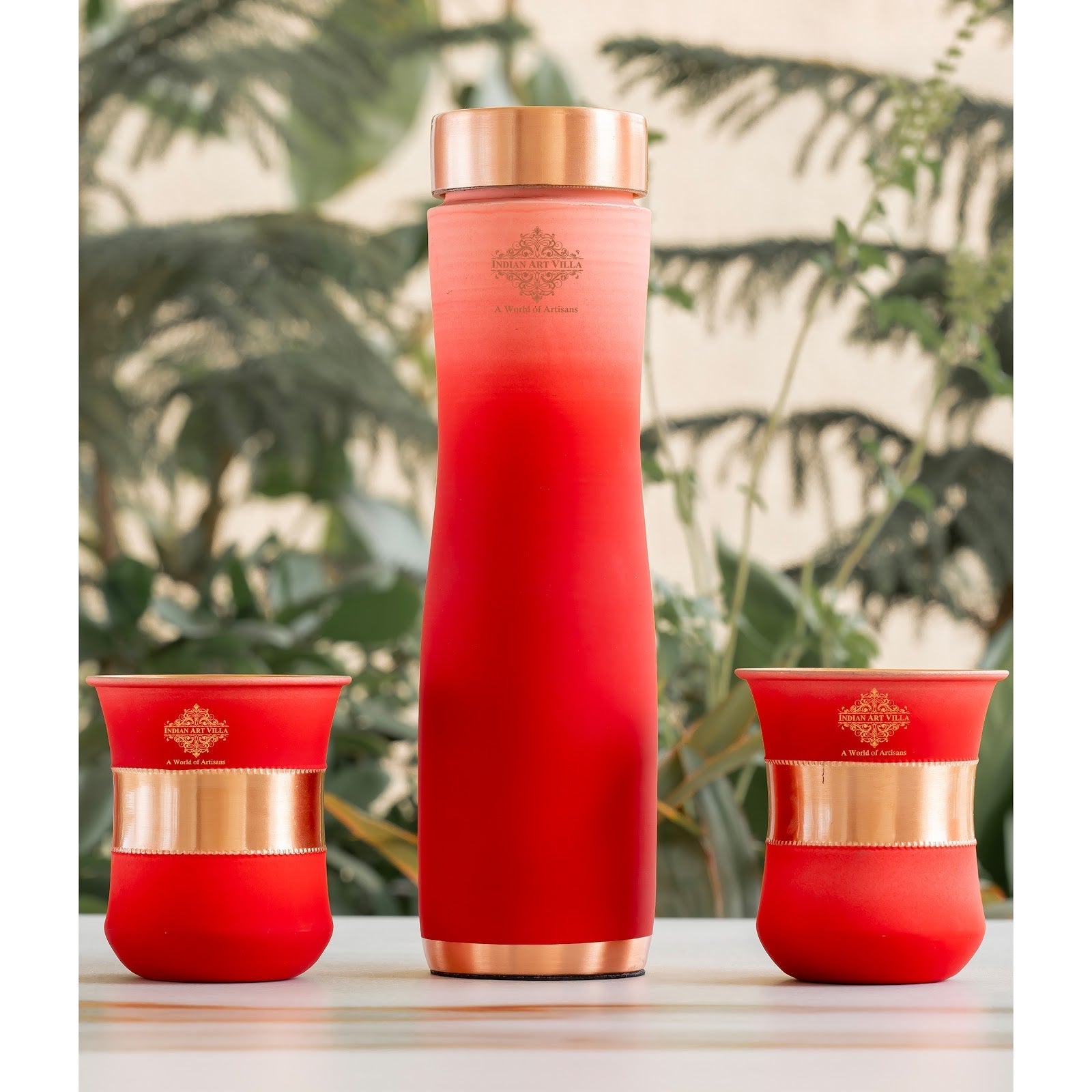 Matt Ombre Copper Bottle and Glass Set with Royal Look  Bottle-900 Ml, Glass-275Ml