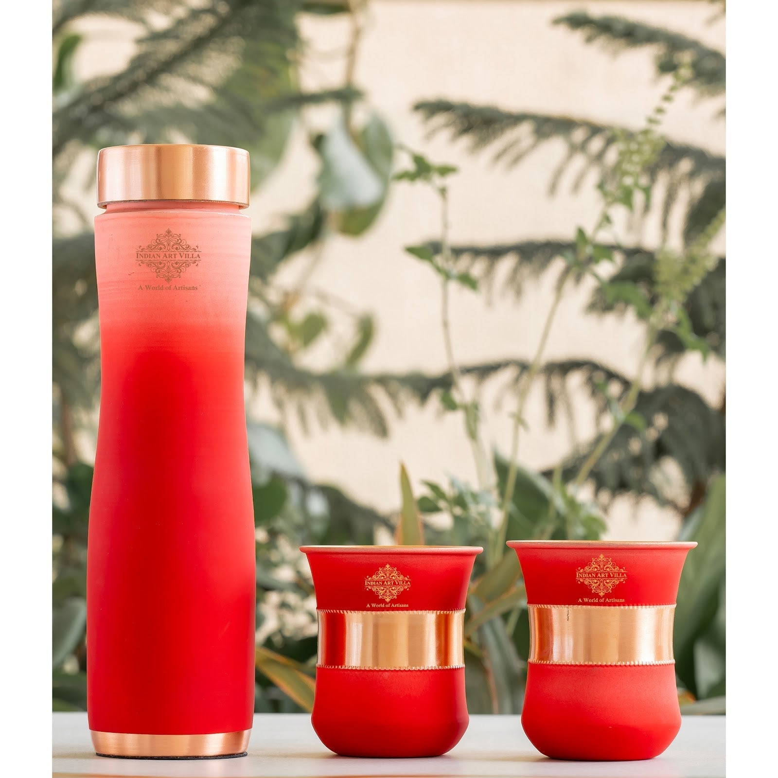 Matt Ombre Copper Bottle and Glass Set with Royal Look  Bottle-900 Ml, Glass-275Ml