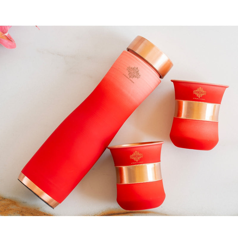 Matt Ombre Copper Bottle and Glass Set with Royal Look  Bottle-900 Ml, Glass-275Ml
