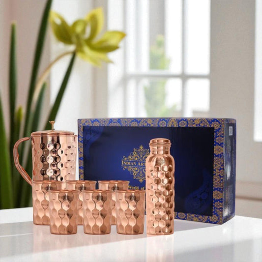 Pure Copper Drinkware Gift Set, Diamond Design, Set of 6 Glass, 1 Bottle and 1 Jug