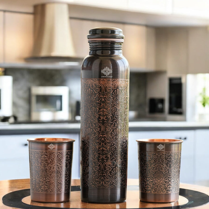 Pure Copper Antique Embossed Bottle Gift Set