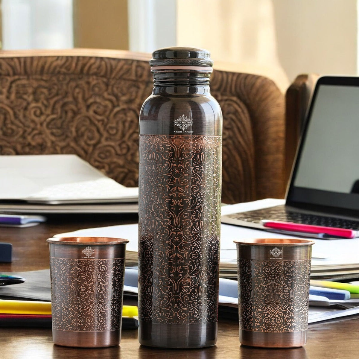Pure Copper Antique Embossed Bottle Gift Set