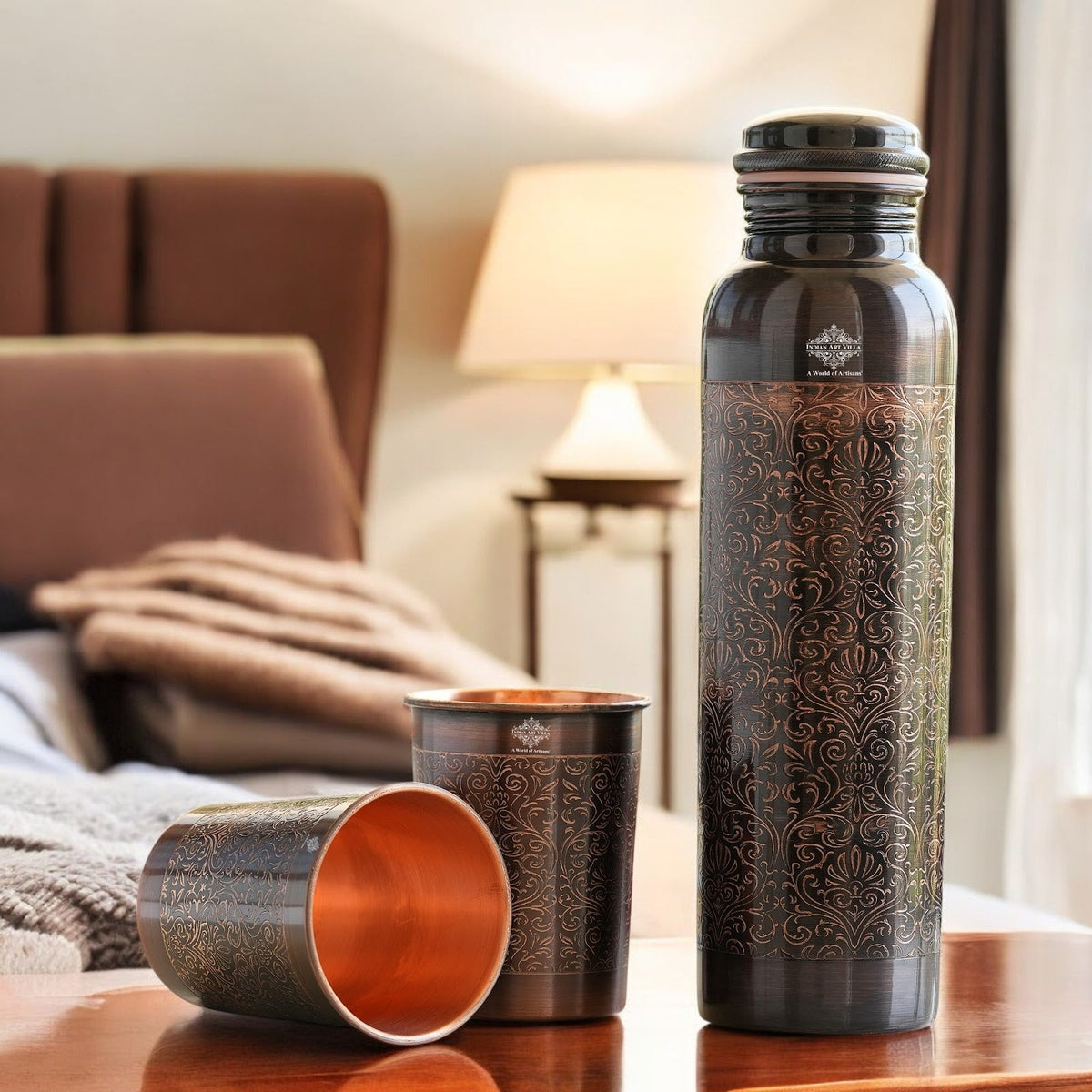 Pure Copper Antique Embossed Bottle Gift Set
