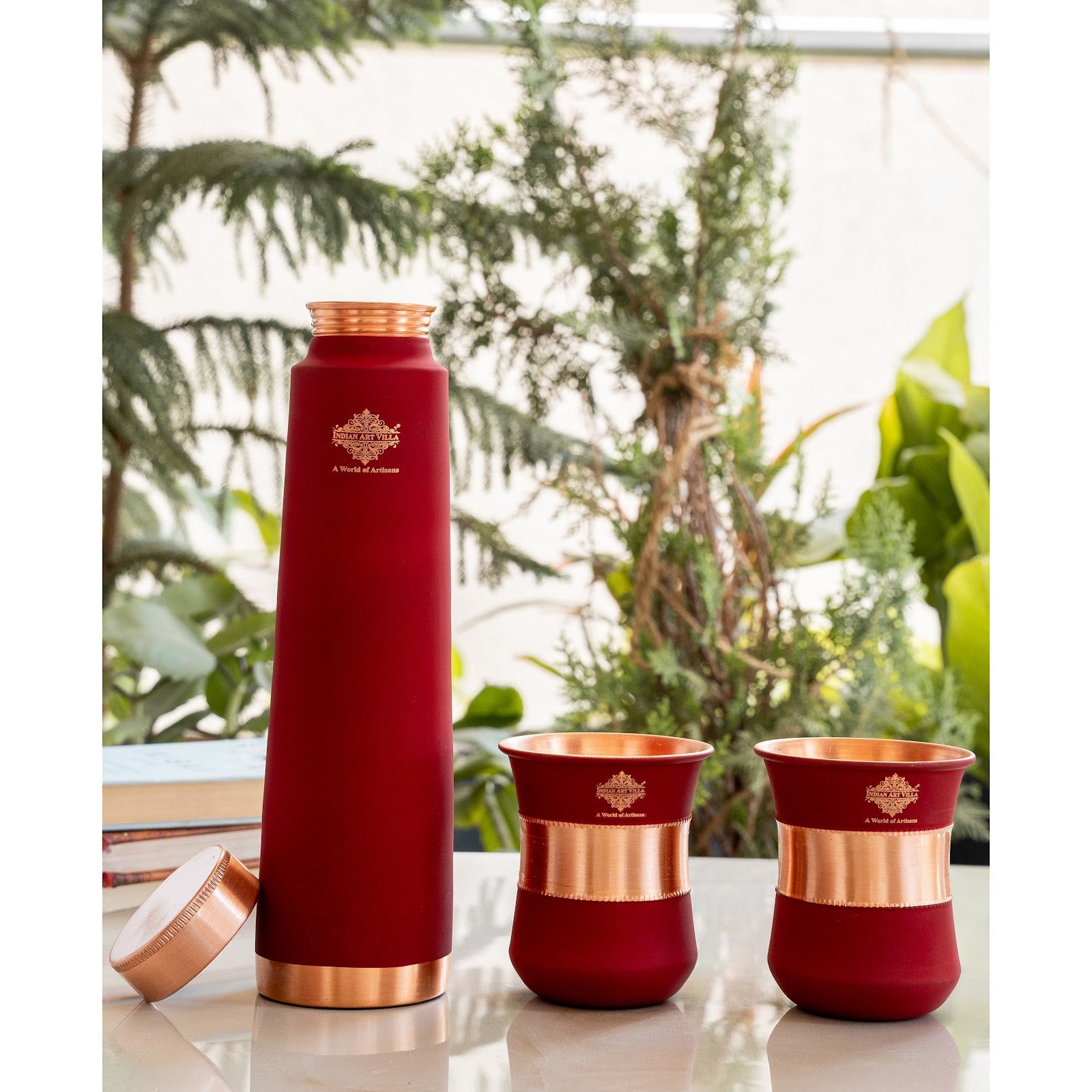 Pure Copper Drinkware Gift Set Red Color Bottle & Two Glasses With Silk Finish Design