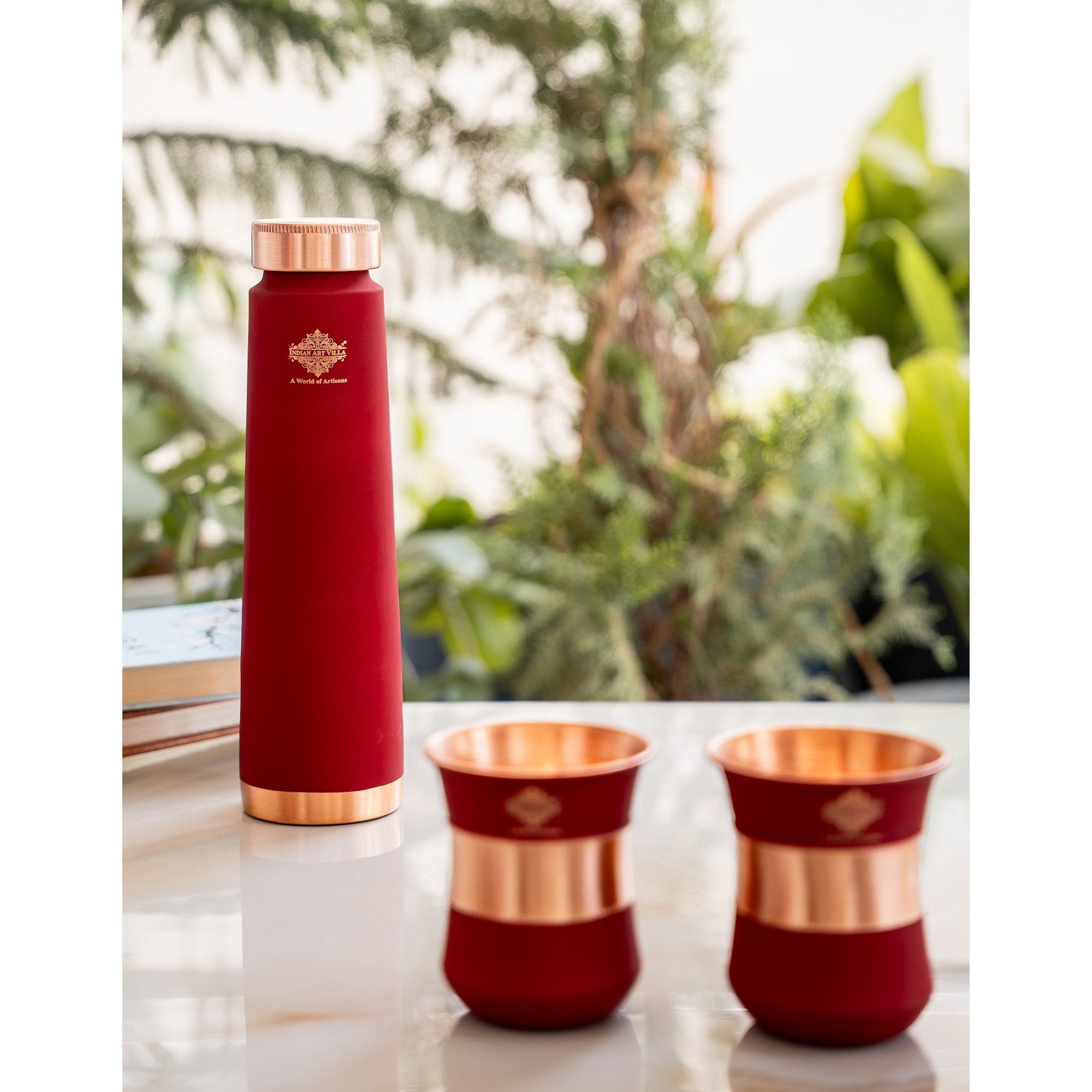Pure Copper Drinkware Gift Set Red Color Bottle & Two Glasses With Silk Finish Design