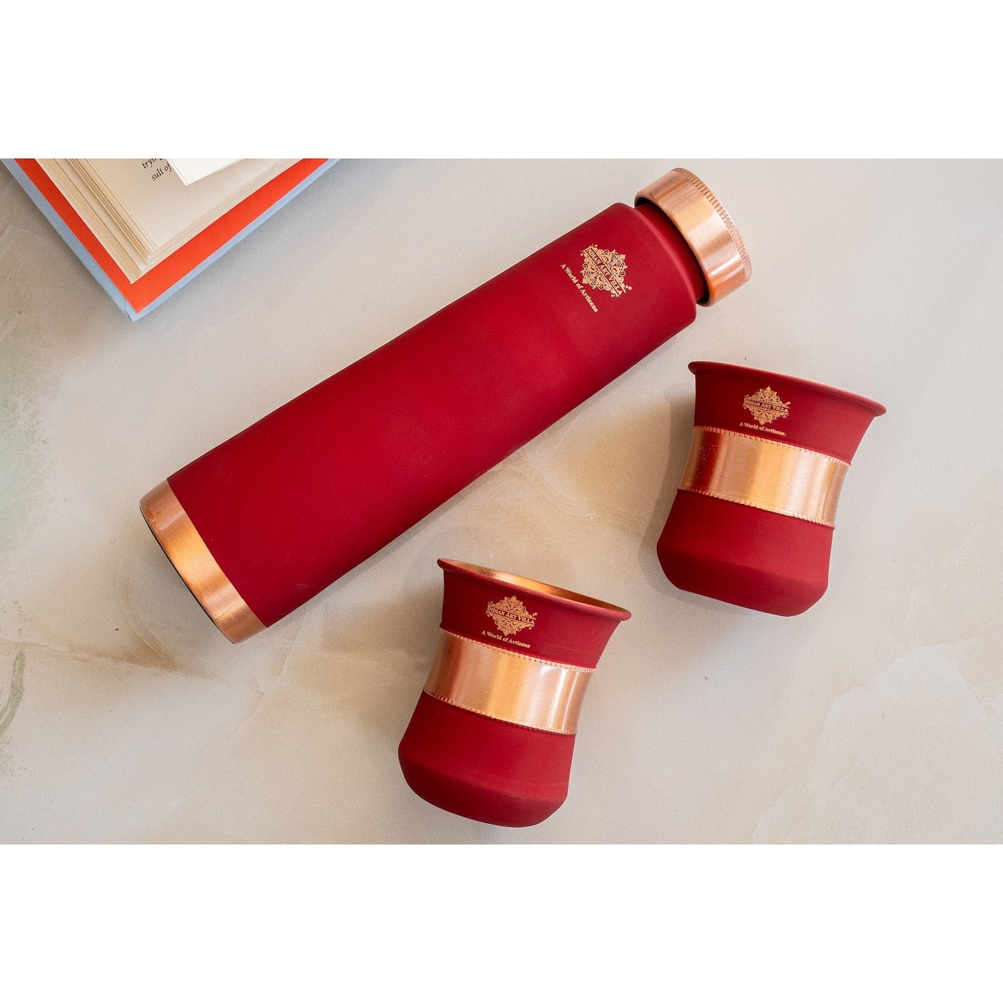 Pure Copper Drinkware Gift Set Red Color Bottle & Two Glasses With Silk Finish Design