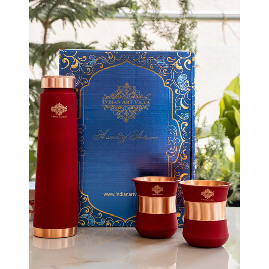 Pure Copper Drinkware Gift Set Red Color Bottle & Two Glasses With Silk Finish Design