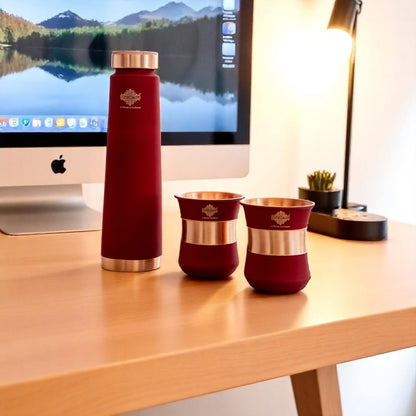 Pure Copper Drinkware Gift Set Red Color Bottle & Two Glasses With Silk Finish Design