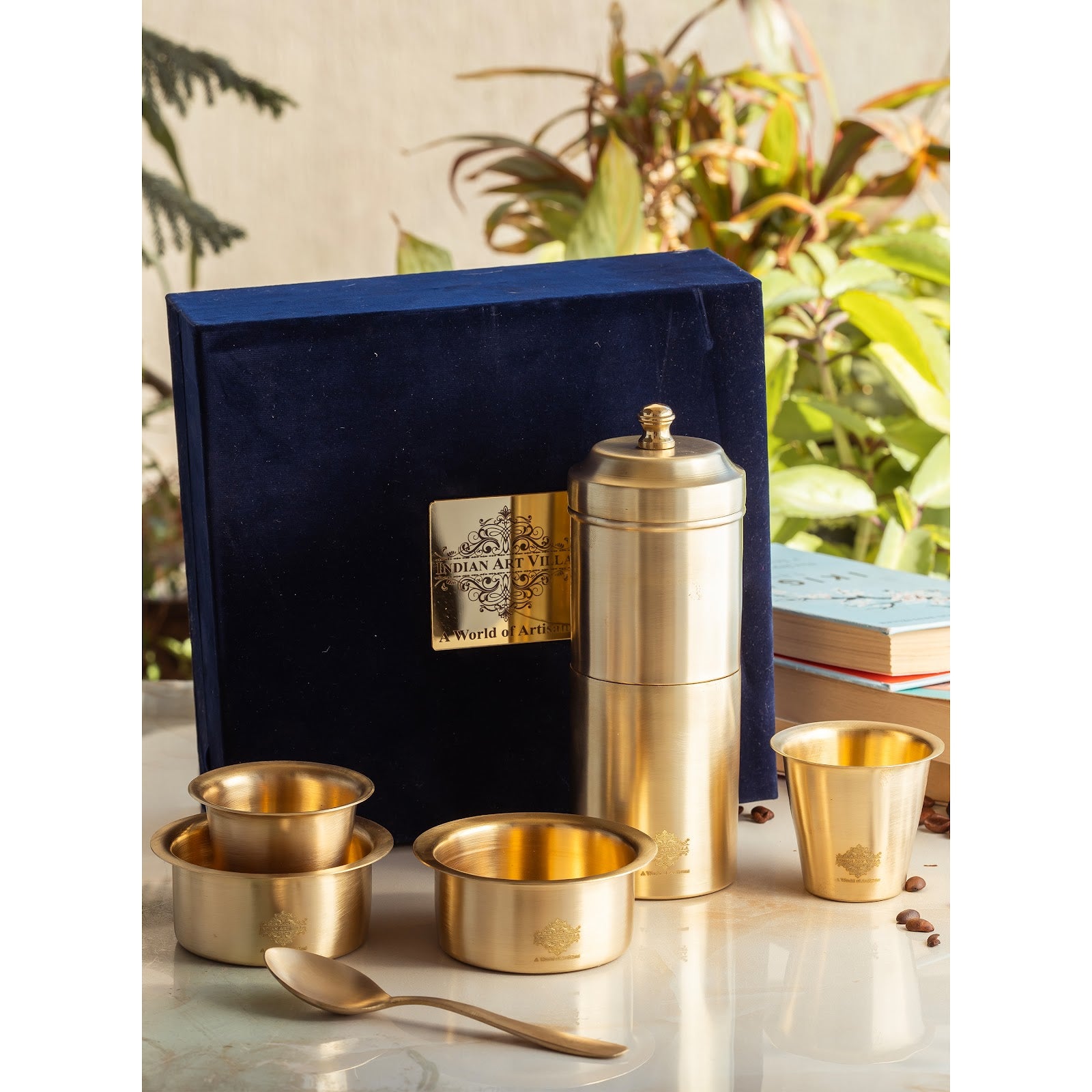 Pure Brass South Indian Coffee Filter Gift Set with 2 Dabra Sets – Traditional Matt Finish, Velvet Gift Box Perfect For Gifting
