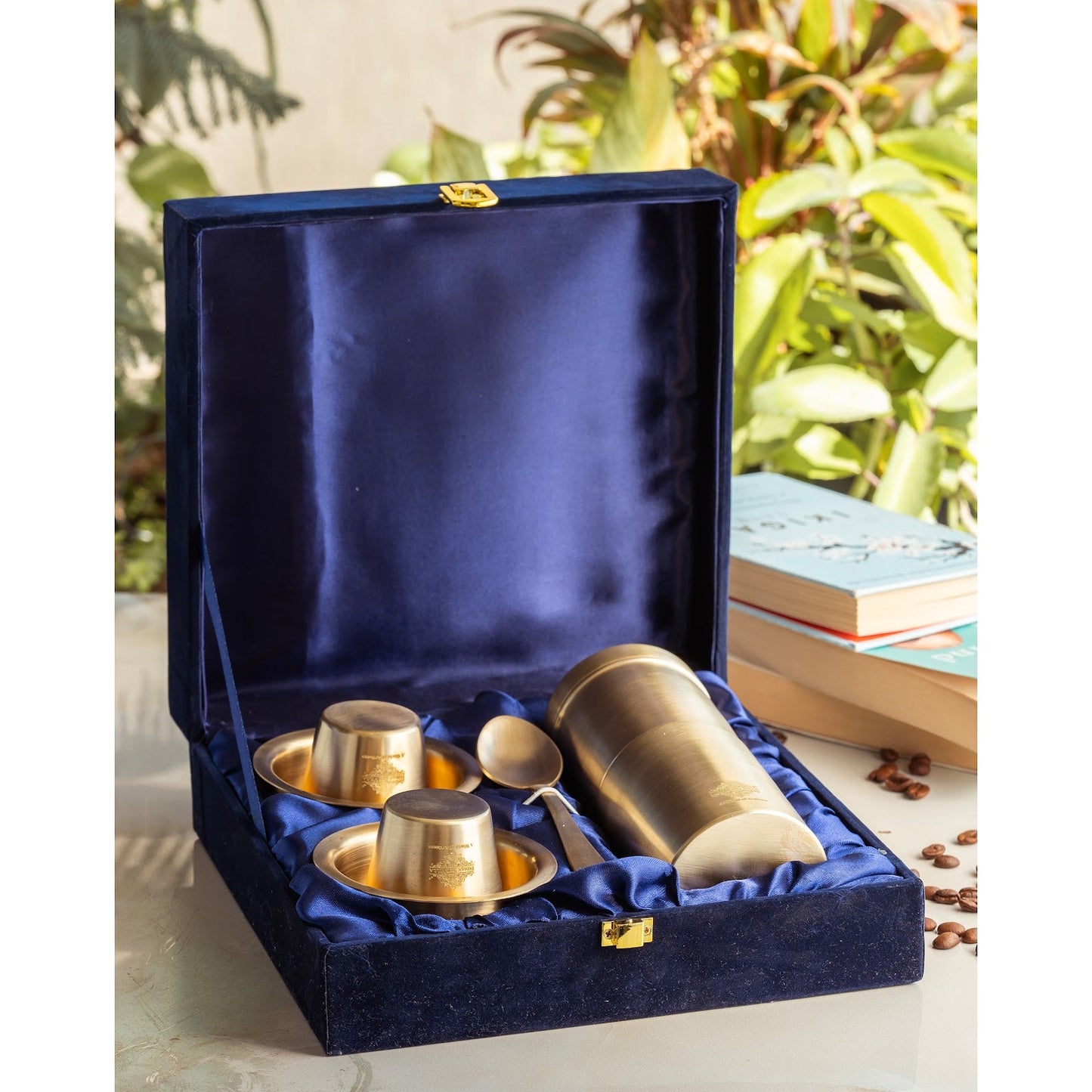 Pure Brass South Indian Coffee Filter Gift Set with 2 Dabra Sets – Traditional Matt Finish, Velvet Gift Box Perfect For Gifting