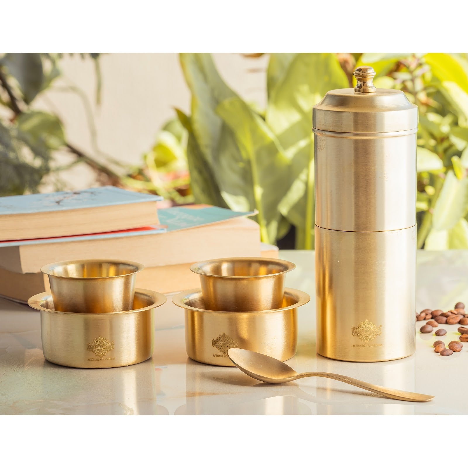 Pure Brass South Indian Coffee Filter Gift Set with 2 Dabra Sets – Traditional Matt Finish, Velvet Gift Box Perfect For Gifting