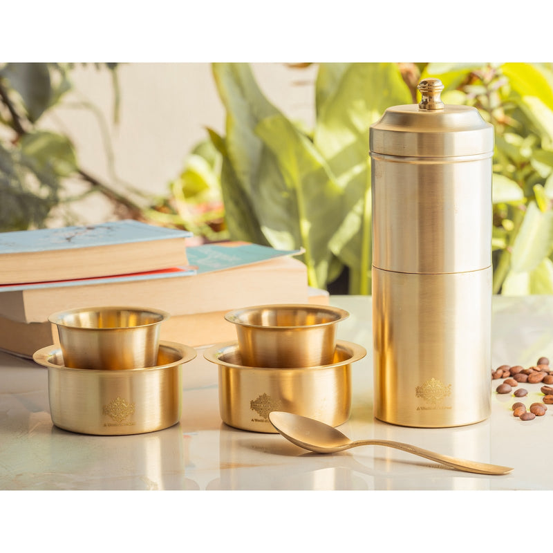 Pure Brass South Indian Coffee Filter Gift Set with 2 Dabra Sets – Traditional Matt Finish, Velvet Gift Box Perfect For Gifting