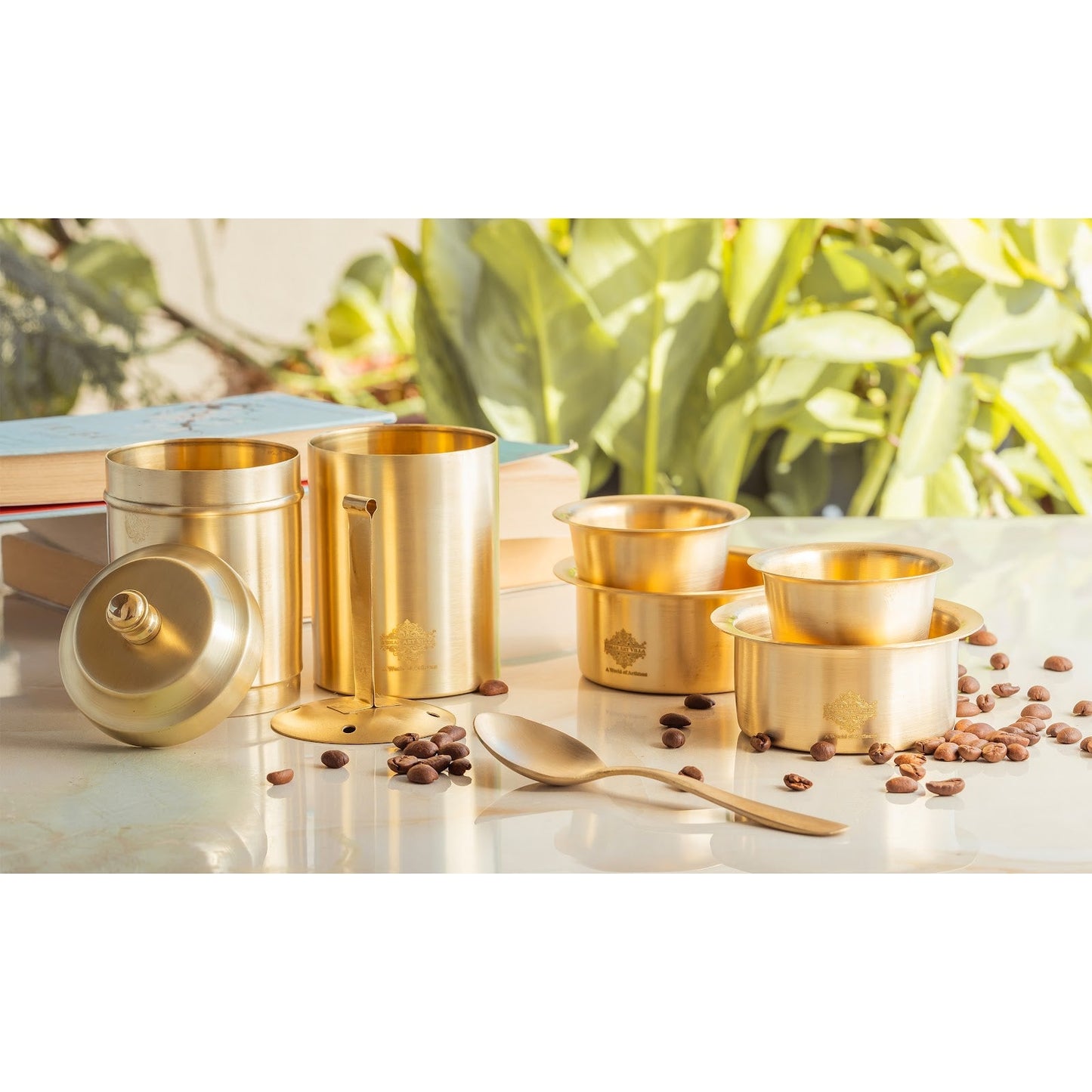 Pure Brass South Indian Coffee Filter Gift Set with 2 Dabra Sets – Traditional Matt Finish, Velvet Gift Box Perfect For Gifting