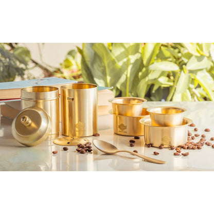 Pure Brass South Indian Coffee Filter Gift Set with 2 Dabra Sets – Traditional Matt Finish, Velvet Gift Box Perfect For Gifting