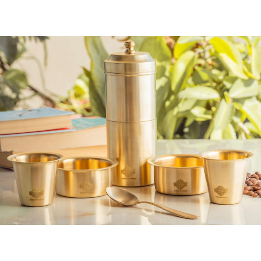 Pure Brass South Indian Coffee Filter Gift Set with 2 Dabra Sets – Traditional Matt Finish, Velvet Gift Box Perfect For Gifting