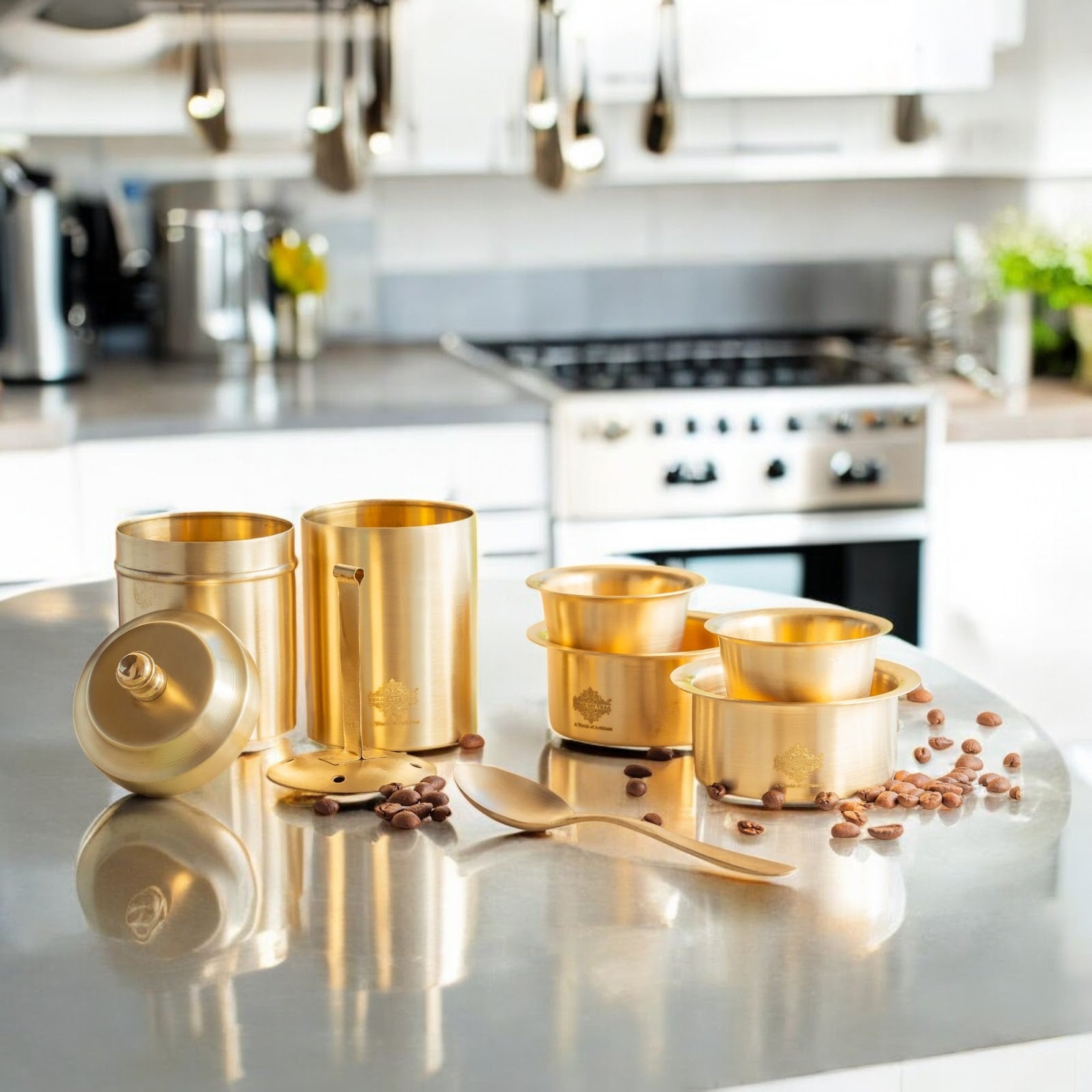 Pure Brass South Indian Coffee Filter Gift Set with 2 Dabra Sets – Traditional Matt Finish, Velvet Gift Box Perfect For Gifting