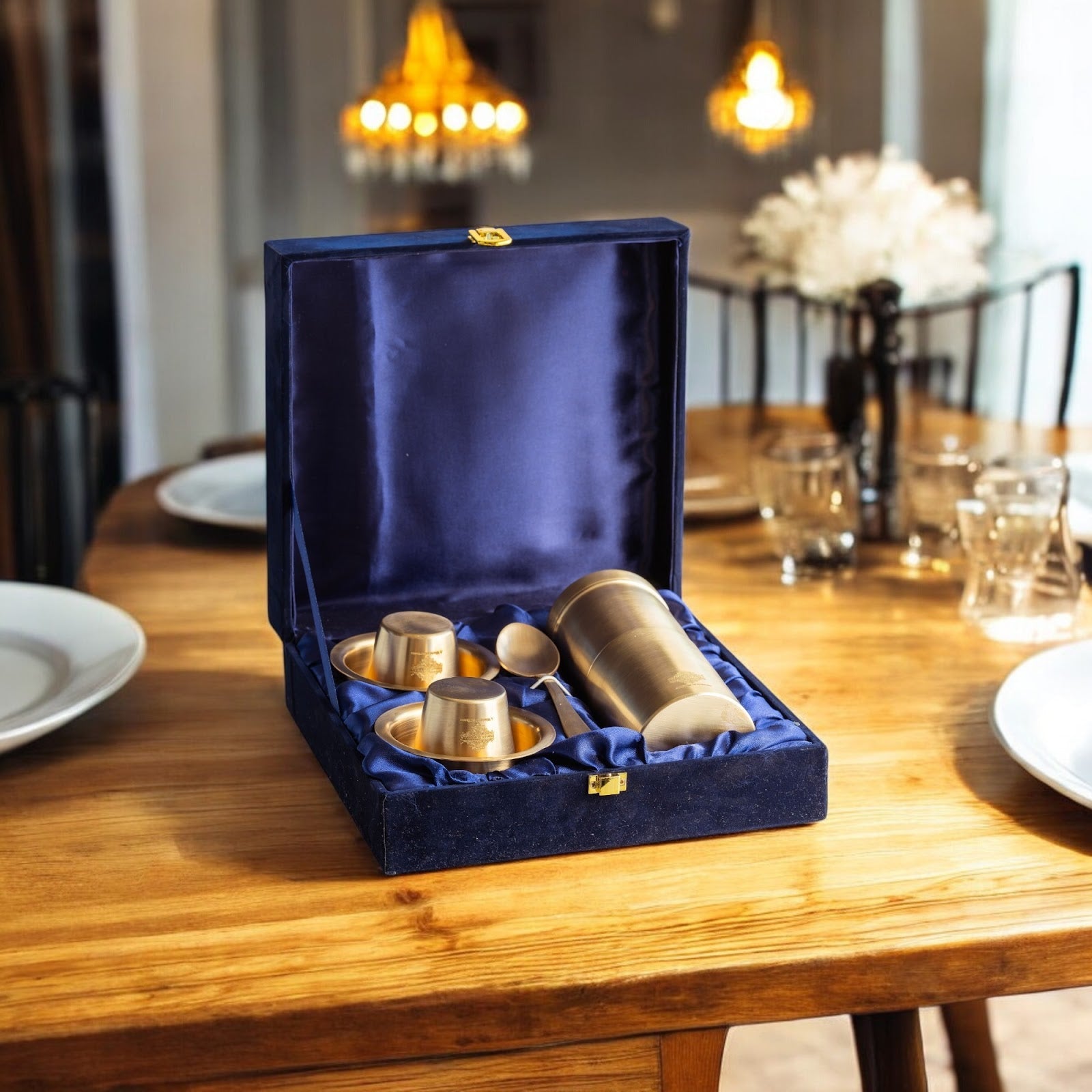 Pure Brass South Indian Coffee Filter Gift Set with 2 Dabra Sets – Traditional Matt Finish, Velvet Gift Box Perfect For Gifting