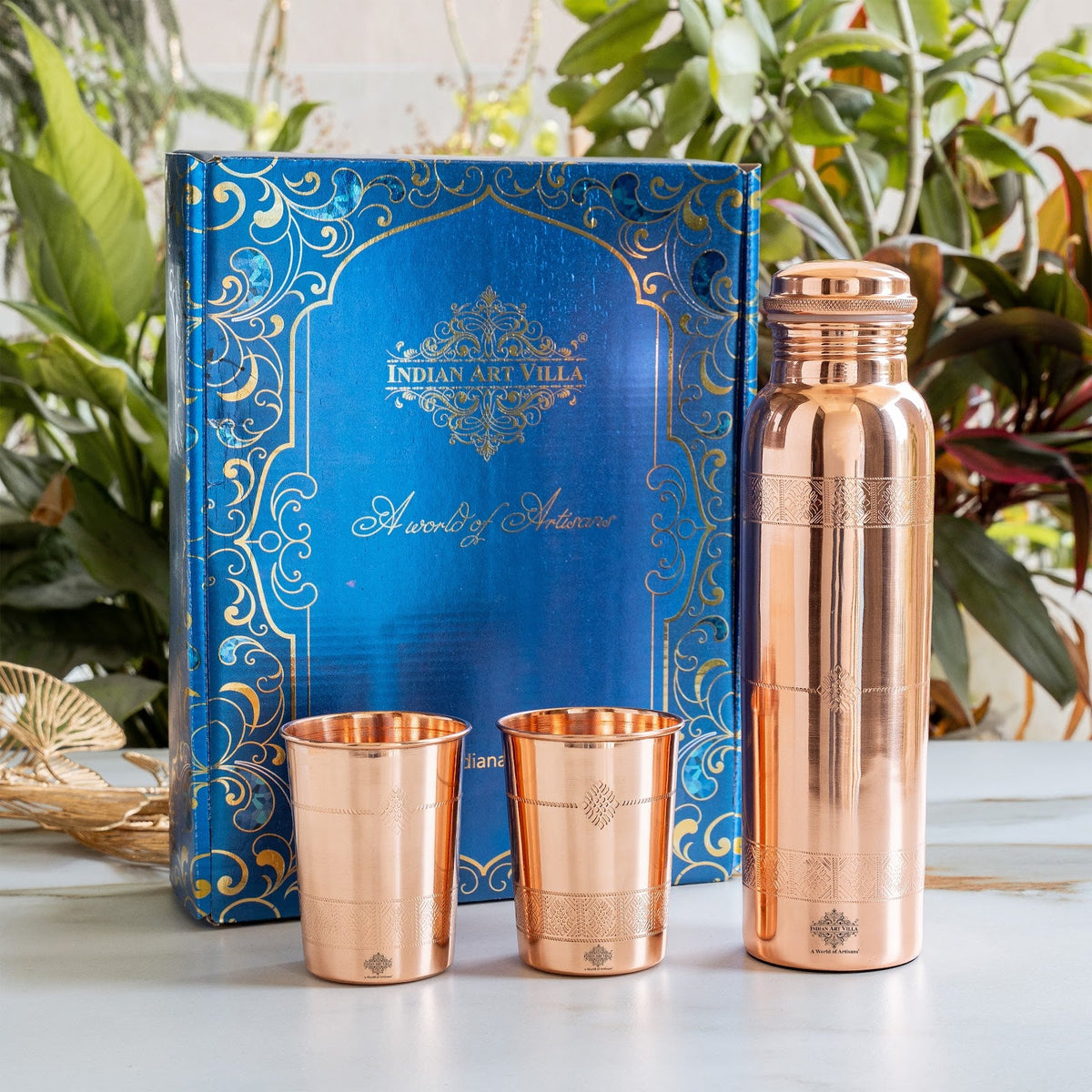 Pure Copper Drinkware Gift Set With Embossed Design