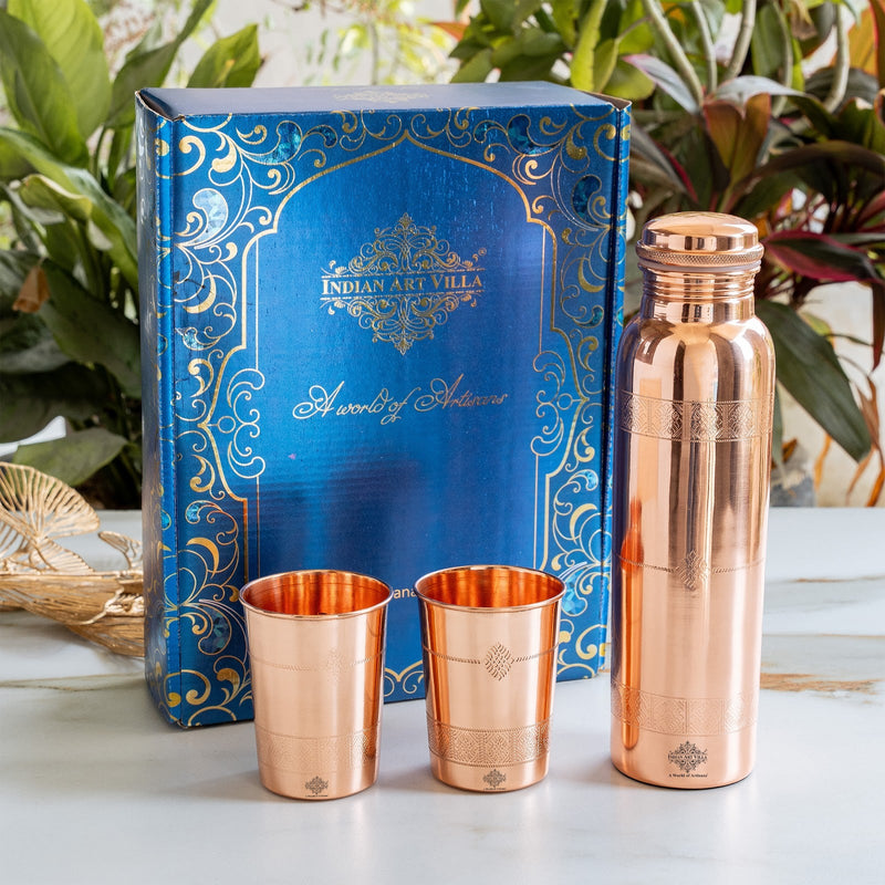 Pure Copper Drinkware Gift Set With Embossed Design
