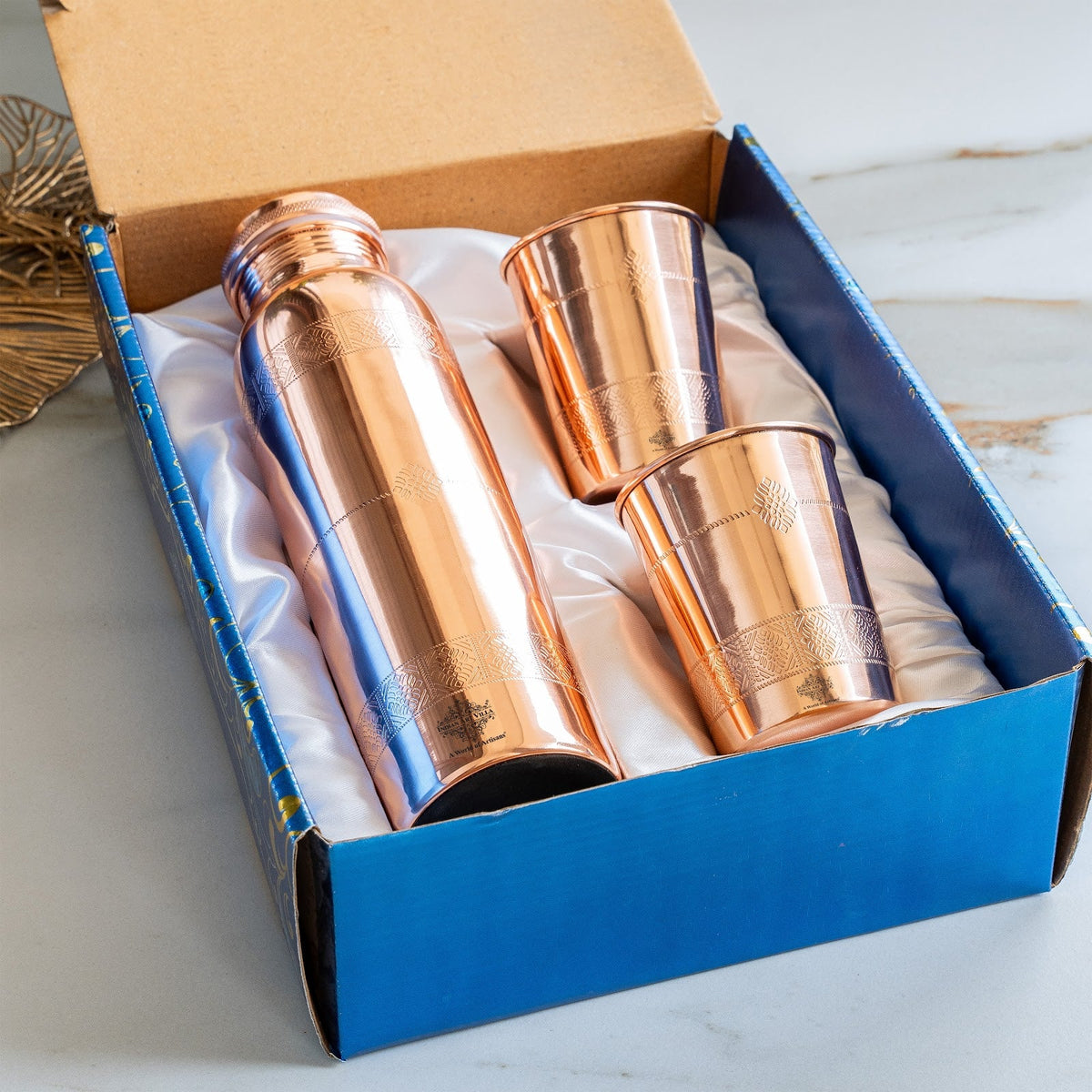 Pure Copper Drinkware Gift Set With Embossed Design