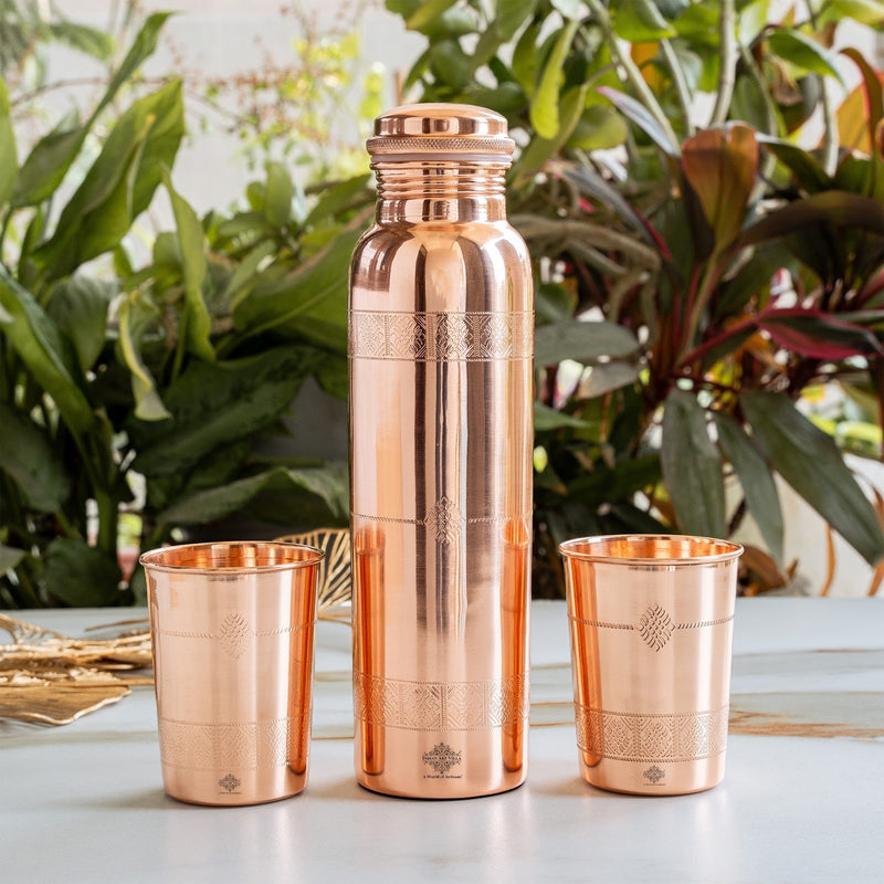 Pure Copper Drinkware Gift Set With Embossed Design