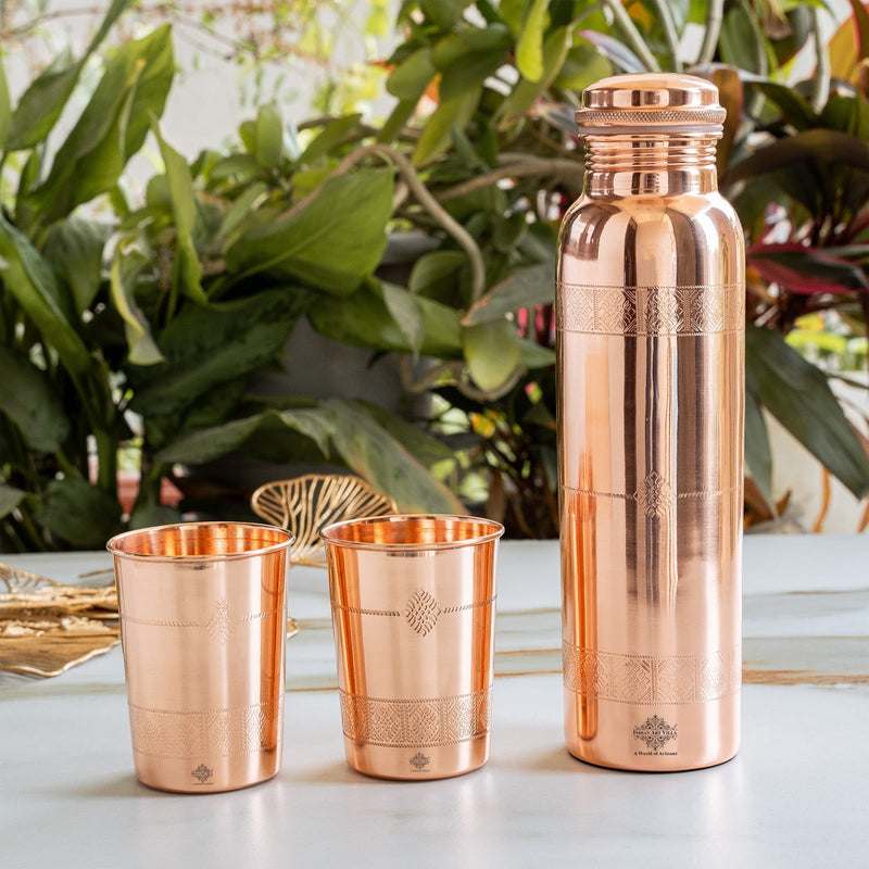 Pure Copper Drinkware Gift Set With Embossed Design