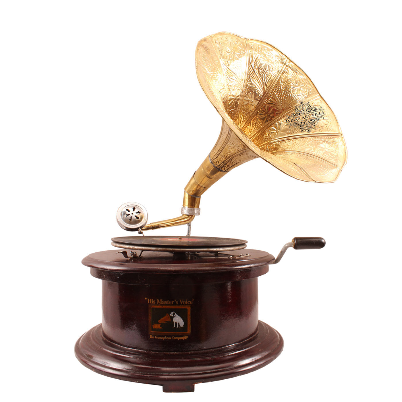 Pure Brass Round Wooden Base Gramophone with Designer Brass Horn